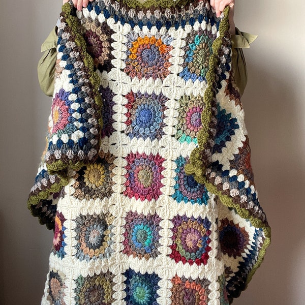 Crochet Starburst Granny Square Wool Blanket, Retro Tie-Dye Throw