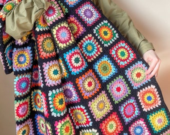 Crochet large flower afghan, Colorful floral granny square blanket, Homemade gift, Full size decorative couch throw, Retro grandma afghan