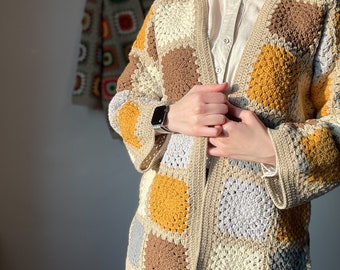 Beige crochet cardigan, Crochet floral cardigan, Patchwork cotton jacket, Retro handmade coat, Afghan jacket, Granny square sweater, Ready