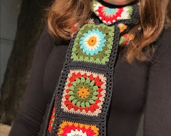 Vintage-Inspired Boho Scarf – Crochet Floral Granny Square Scarf in Autumn Hues