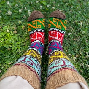 Hand Knitted Wool Blend Socks: Colorful Retro Patterned Winter Socks