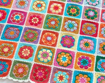 Crochet African flower couch throw, retro decorative blanket, vibrant colored boho chic blanket, off white based lap blanket, gift for her