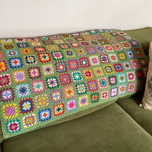 Manta de ganchillo verde, manta cuadrada de abuela, manta decorativa para sofá, manta de algodón colorida para la siesta, regalo retro casero para Navidad.