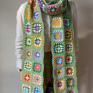 Crochet green based granny square scaarf, pick your color, retro long cotton shawl, cozy soft neck wrap, vintage style muffler, gift for her