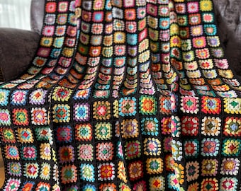 Granny Square Crochet Afghan, Colorful Cotton Blend Throw