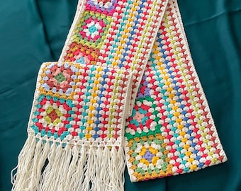 Crochet Granny Square Scarf: Long Colorful Cotton Blend, Modern Afghan Style