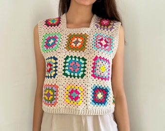 Crochet crop sweater vest, Granny square sleeveless sweater, Knit beige jumper, S/M women's letter, Afghan style top, Crop Christmas gift