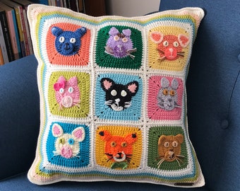 Crochet cat figured granny squares pillow cover, colorful cat motifs cushion, Funny cushion case for kid, Nursery decoration, For cat lovers
