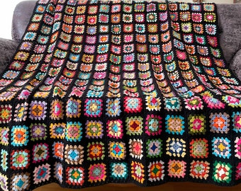 Handmade Granny Square Crochet Throw Blanket, Colorful Afghan
