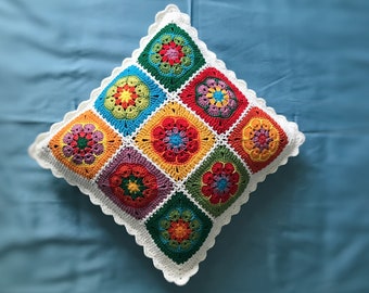 Crochet bright color African flower pillow cover, Retro cushion case for Christmas, Floral granny square pillow sham for living room, Ready!