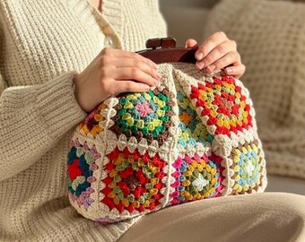 Clutch de ganchillo con cierre de beso cuadrado de abuela – Bolso bandolera