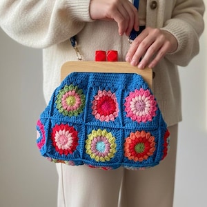 Crochet Kiss Lock Wooden Frame Blue Clutch Bag