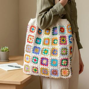 Bolso tote de ganchillo estilo cuadrado de la abuela, bolso de fin de semana afgano de estilo vintage