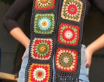 Crochet Granny Square Scarf, Floral Neck Wrap, Boho Muffler in Autumn Colors