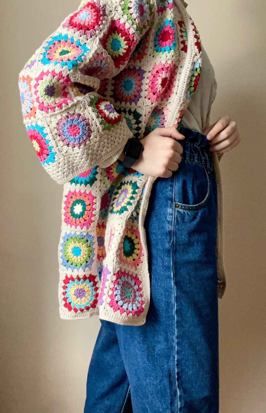 Crochet Floral Granny Square Cardigan, Cotton Beige Based