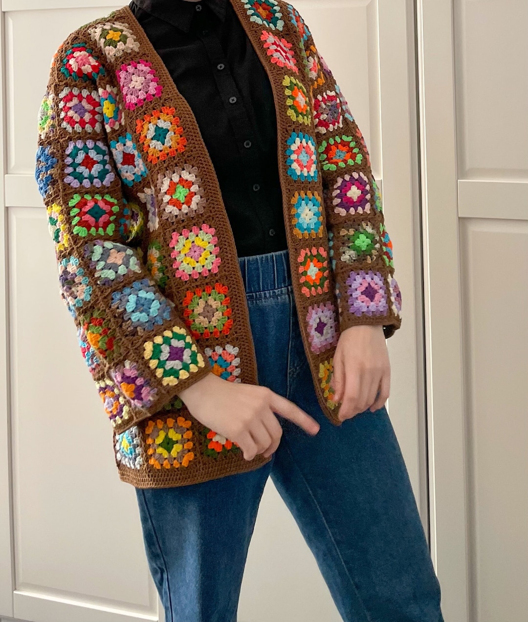 Crochet Granny Square Cardigan: Brown Retro Boho Patchwork Jacket, S/M 