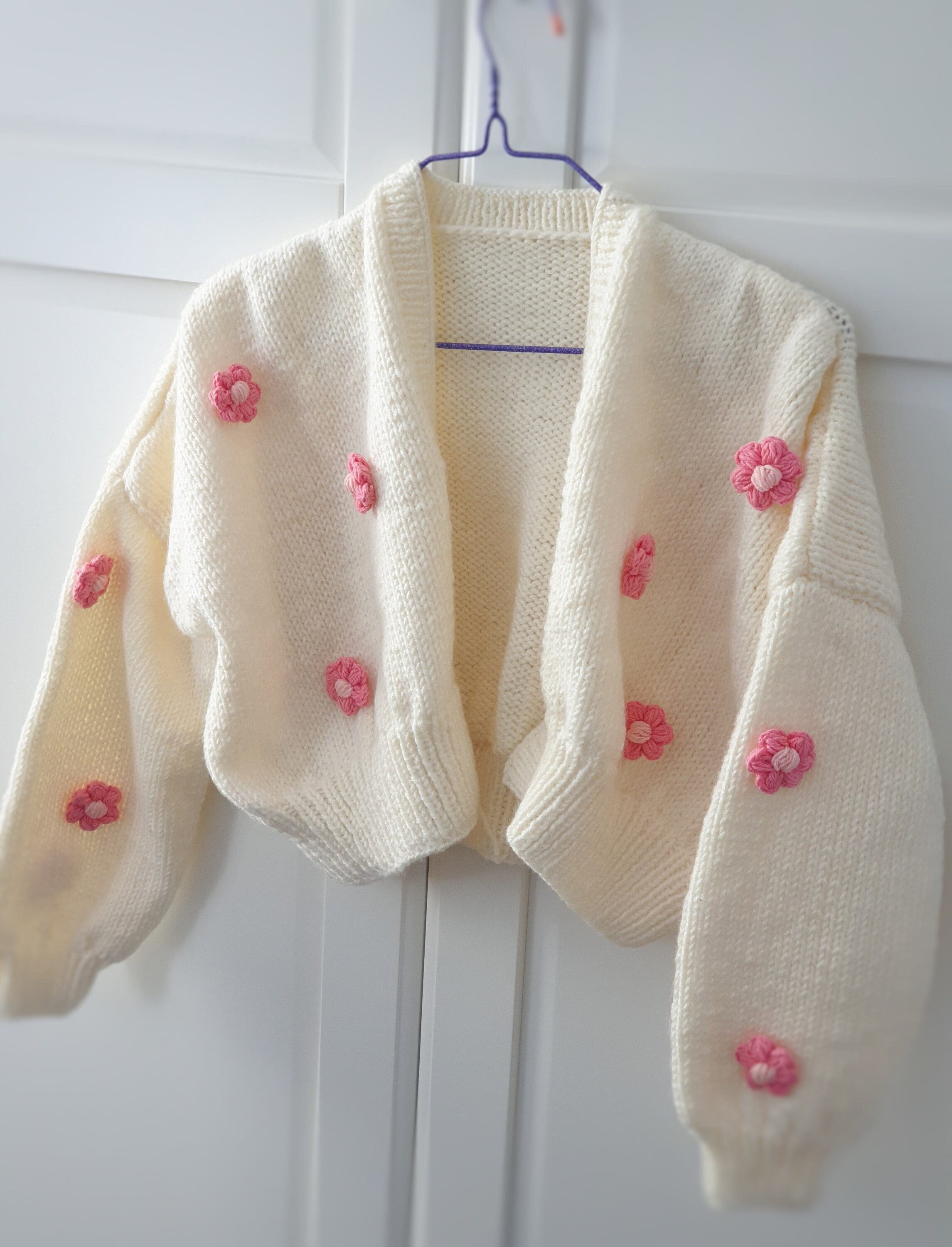 Knit Chunky Crop Cardigan, 3D Puffy Daisy Detailed Sweater Knit Chunky Crop Cardigan, 3D Puffy Daisy Detailed Sweater