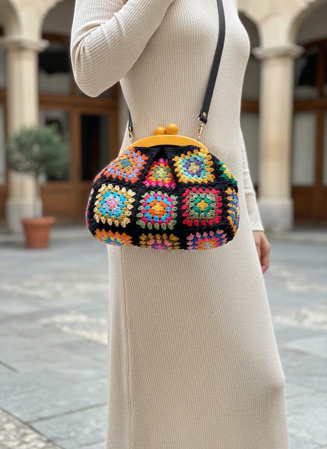 Crochet Granny Square Wooden Frame Kiss Lock Clutch - Black - Etsy