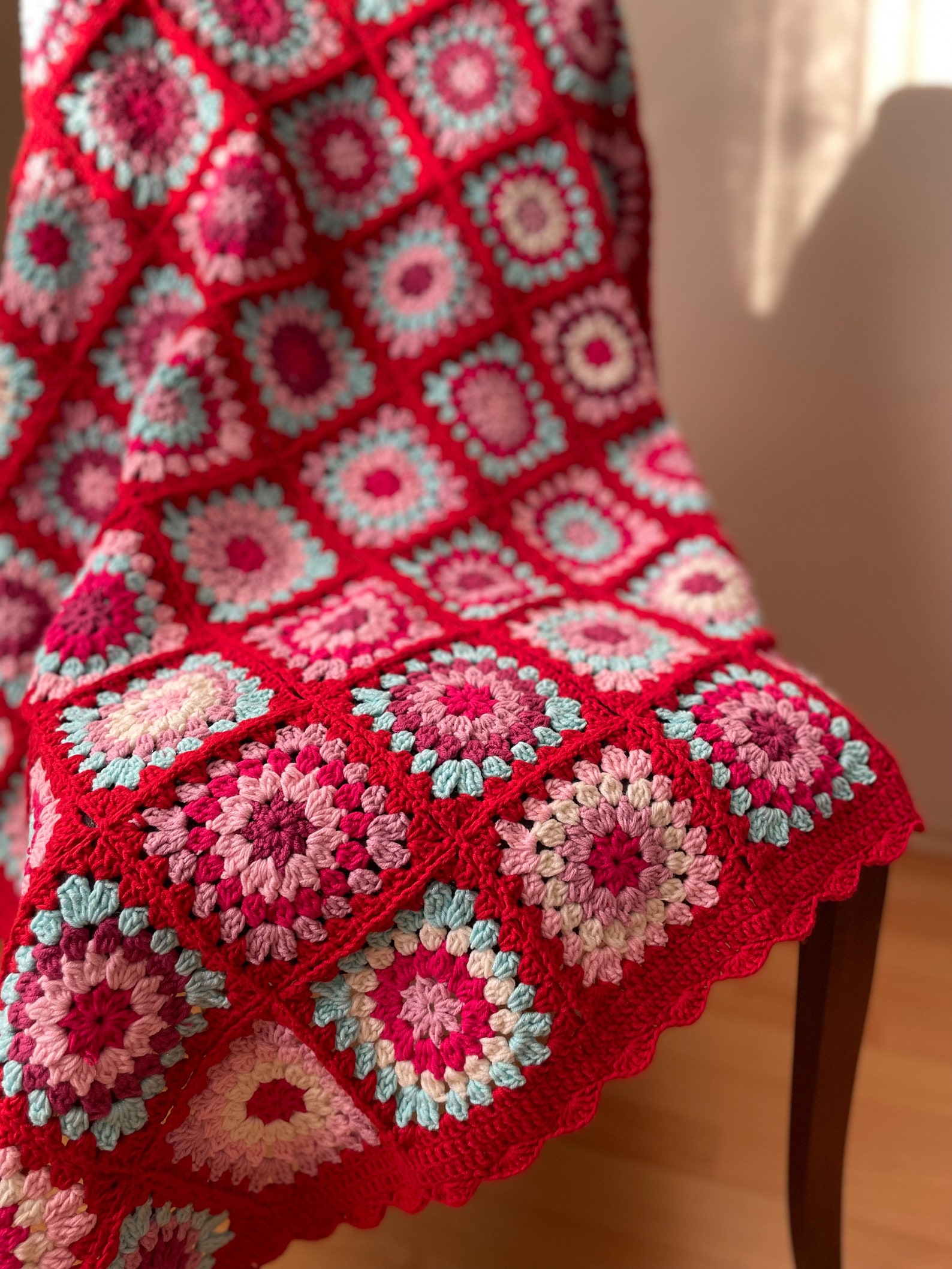 Crochet Floral Granny Square Lap Blanket Red and Pink Flowers Etsy