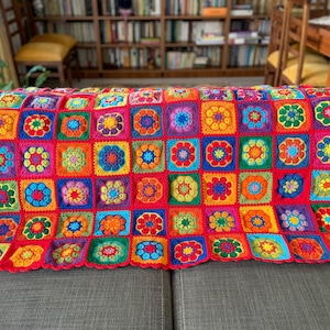 Crochet red trimmed African flower blanket, floral granny square afghan, decorative couch throw, boho chic handmade blanket, Gift for her