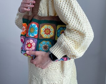 クロシェ編みのアフリカンフラワーショルダーバッグ、ボヘミアンシック