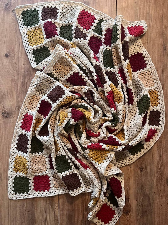 Crochet Granny Square Afghan, Full Size Cotton Lap Blanket, Retro