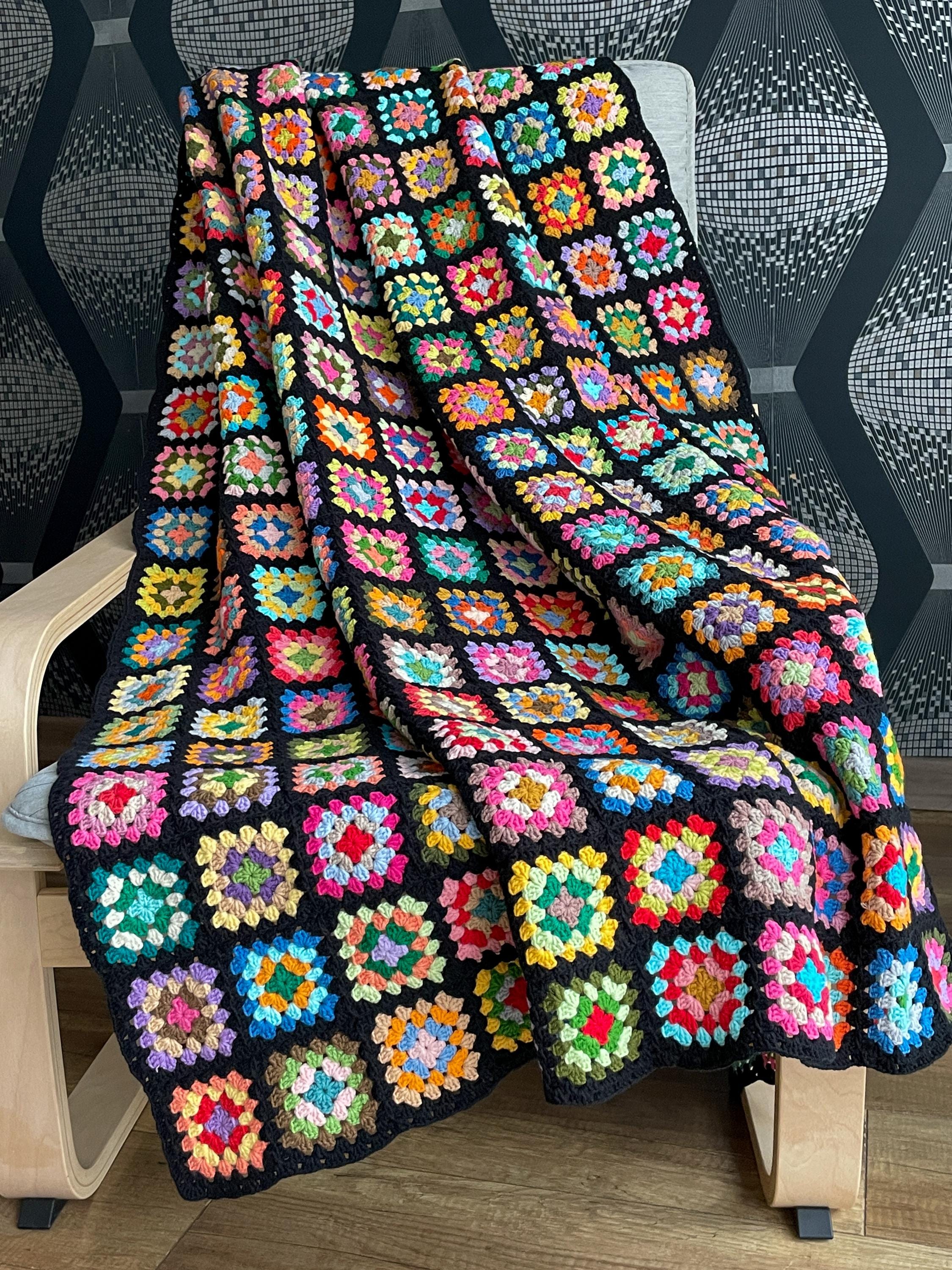 Crochet Granny Square Afghan, Retro Couch Throw, Colorful Cotton