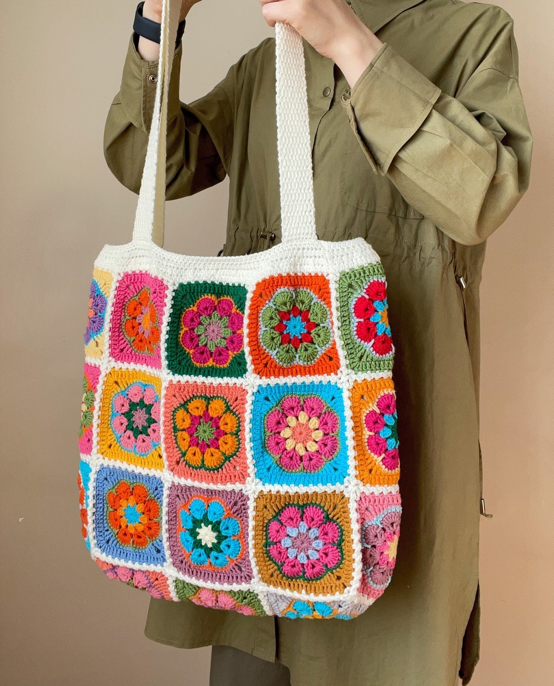 Crochet Colorful African Flowers Tote Bag off White Hobo Bag - Etsy