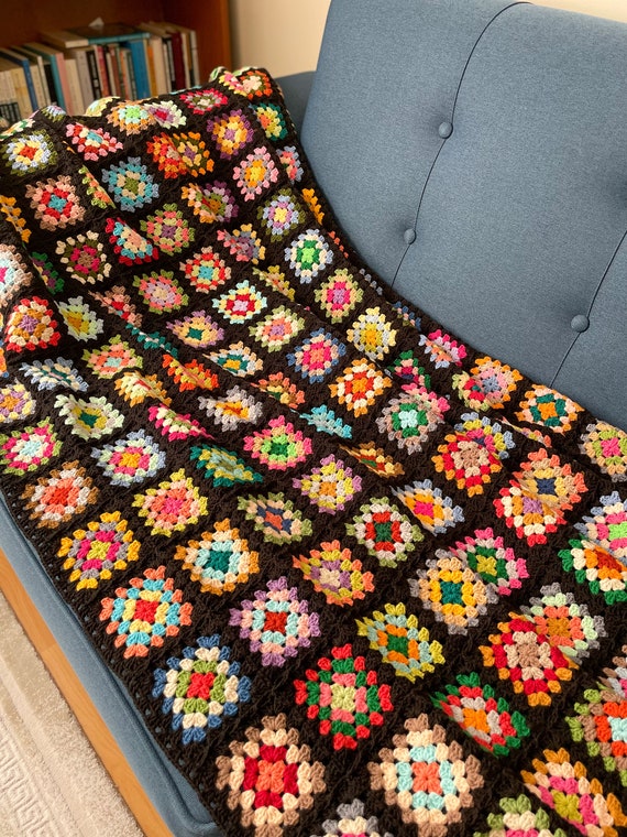 Crochet Granny Square Afghan, Vintage Style Colorful Lap Blanket