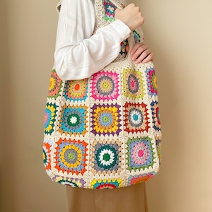 Crochet XL tote bag, Granny square shoulder bag, Cotton lined large tote bag, Retro floral afghan shoulder bag, Boho purse, Gift for mother image 1