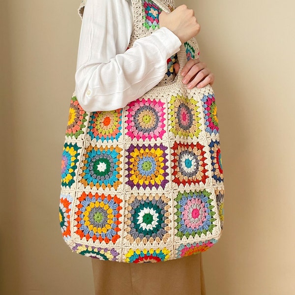 Crochet Granny Square Large Tote Bag, Cotton Lined Floral Shoulder Bag