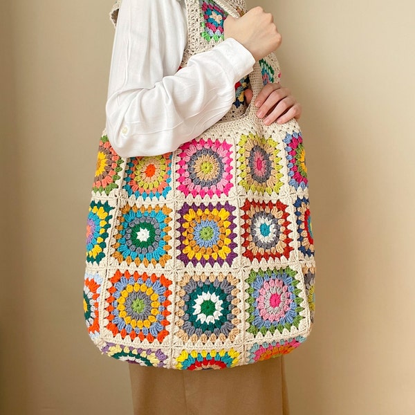 Sac fourre-tout XL au crochet, sac à bandoulière carré grand-mère, grand sac fourre-tout doublé en coton, sac à bandoulière afghan à fleurs rétro, sac à main bohème, cadeau pour mère