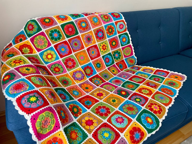 African Flower Patchwork Blanket Crochet Floral Granny Square Etsy