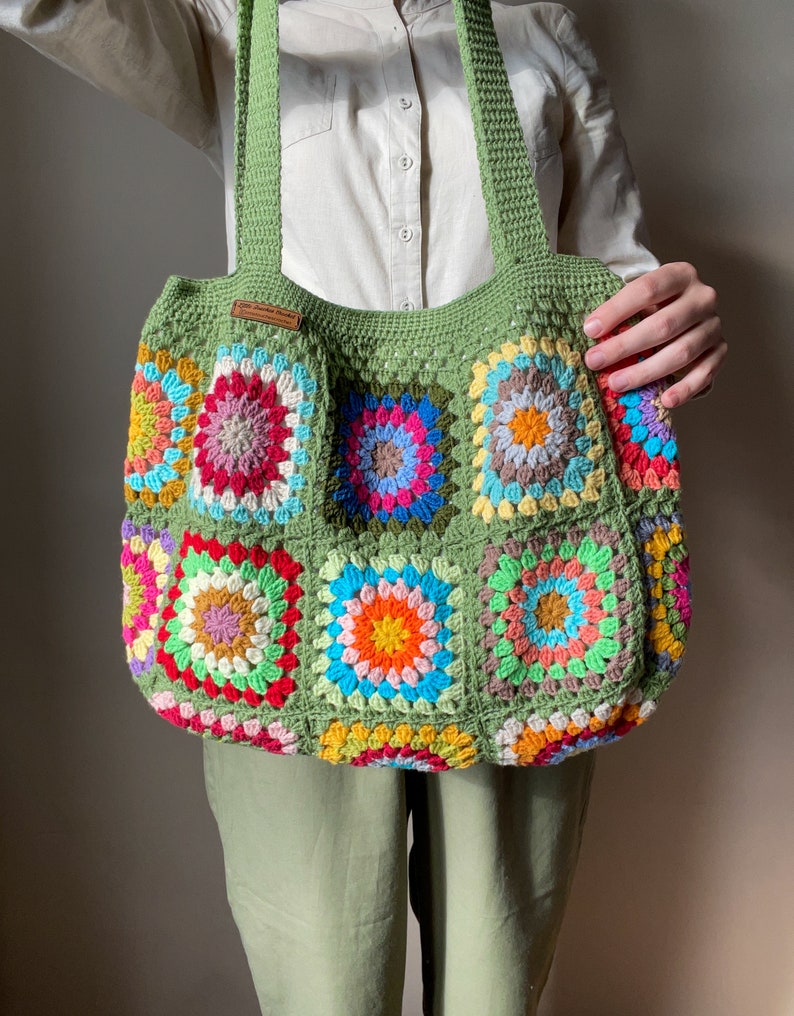 Crochet Green Tote Bag Retro Cotton Shoulder Bag Hand Knit Etsy