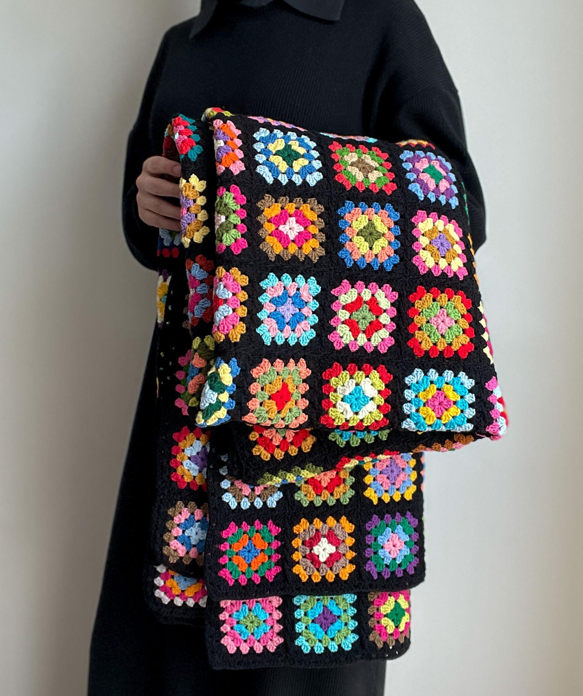 Crochet Granny Square Blanket, Retro Cotton Throw, Colorful