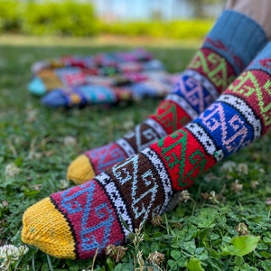 Hand Knitted Wool Blend Socks: Colorful Retro Patterned Winter Socks