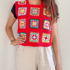 Top corto de ganchillo estilo abuela, chaleco afgano sin mangas Red crop sweater