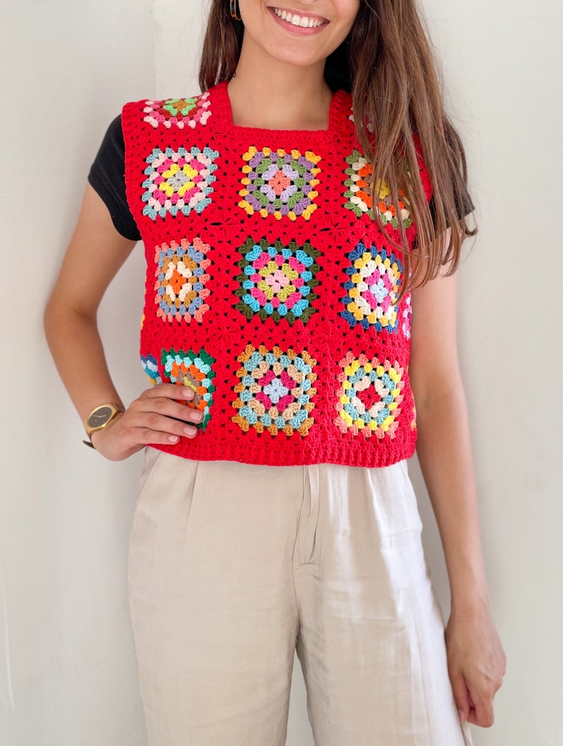 Top corto de ganchillo estilo abuela, chaleco afgano sin mangas Red crop sweater