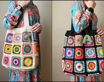 Crochet retro flower tote bag, Personalized with letter accessory, Boho floral granny square hobo bag, Homemade boho bags for all seasons