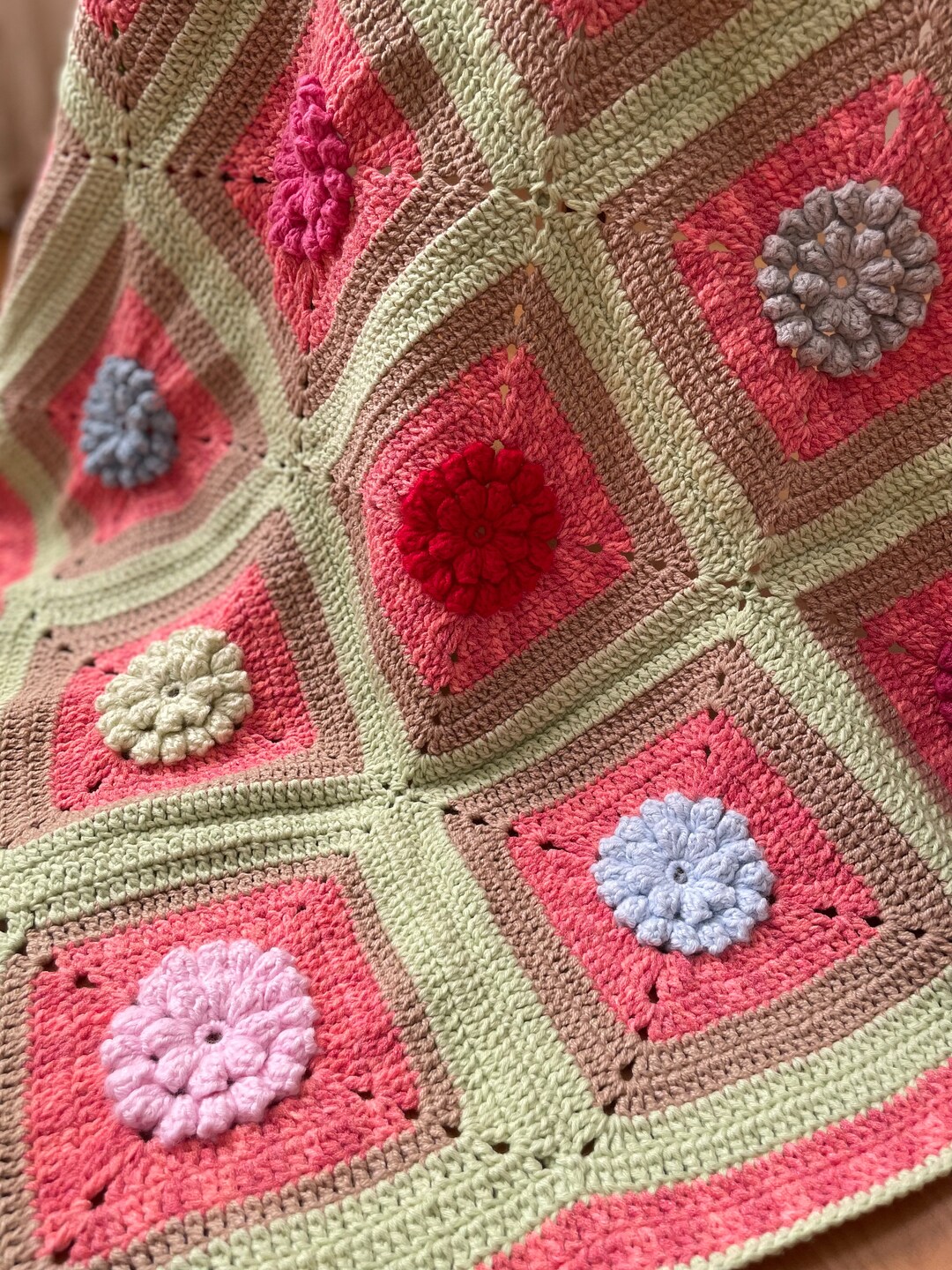 Crochet Popcorn Flower Granny Square Blanket Crochet Popcorn Etsy