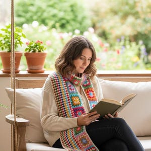 Handmade Crochet Granny Square Scarf: Retro Hippie Style