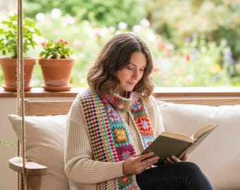 Handmade Crochet Granny Square Scarf: Retro Hippie Style