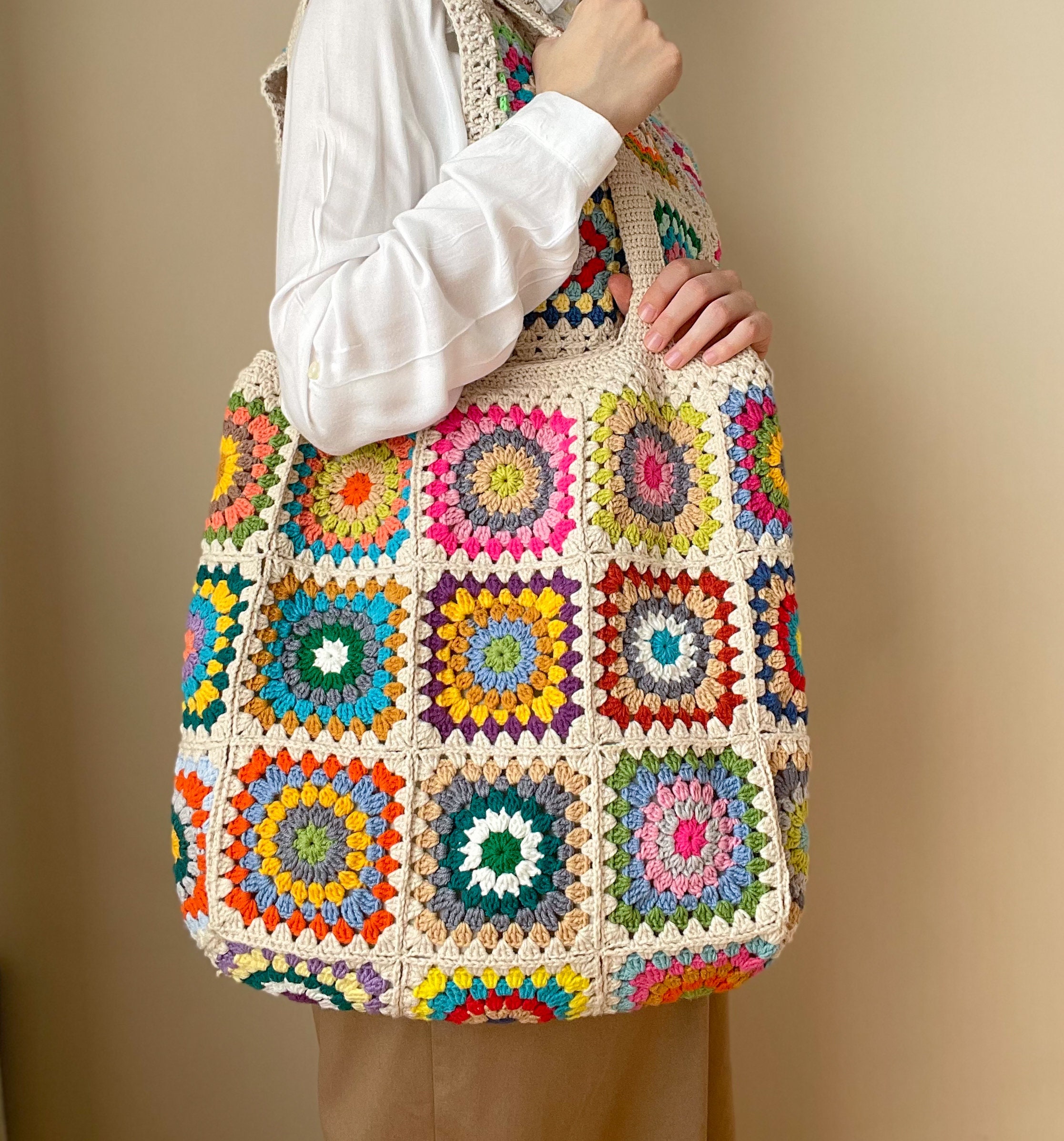 Bolso de mano XL de crochet bolso de hombro cuadrado de abuela bolso de mano grande con forro de algodon bolso de hombro afgano floral retro bolso boho regalo para mama