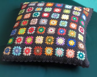 Crochet Floral Granny Square Pillow cover, Multicolored knit pillow sham, Patchwork flowers, Handmade throw pillow for couch, Cushion case