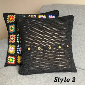 Crochet Daisy Pillow Cover, Black Trim Floral Granny Square Cushion black - crochet back