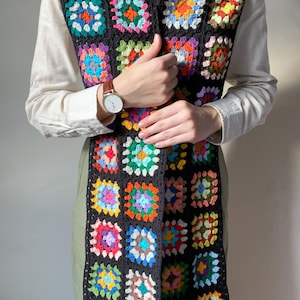 Crochet black afghan pattern scarf, colorful granny square neck wrap, long cotton soft muffler, stylish retro cozy warm scarf, gift for her