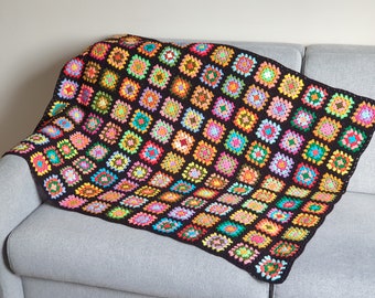 Crochet couch size afghan, crochet granny square blanket, decorative couch throw, retro cotton lap blanket, Roseanne's afghan, Homemade gift