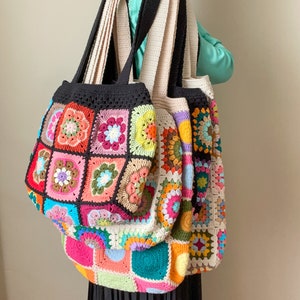 Crochet granny square tote bags, pick your style, boho chic shoulder bag, hippie beach bag, large everyday bag, floral pattern market bag