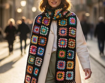 Crochet Granny Square Scarf, Colorful Afghan Style Shawl, Handmade