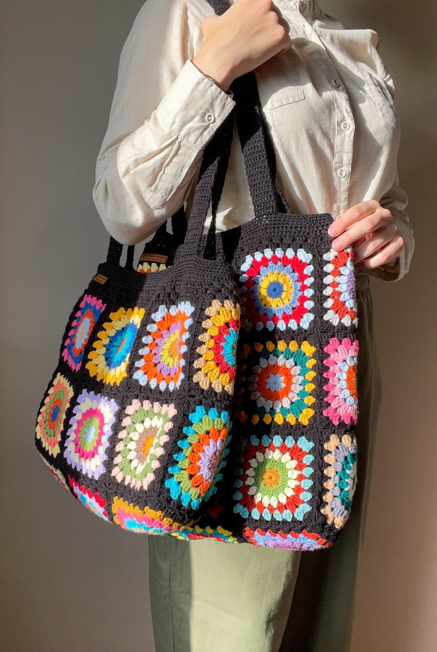 Crochet Black Based Colorful Tote Bag, Floral Granny Square